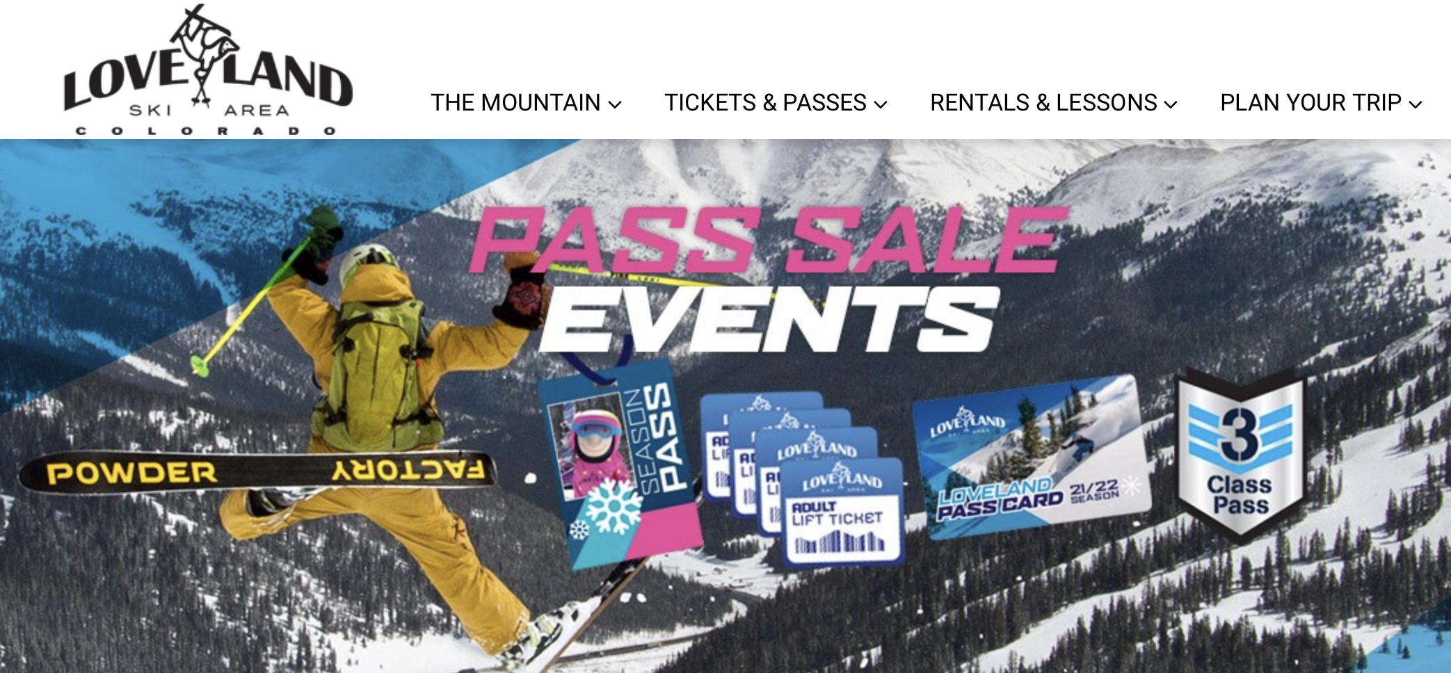 Ski graphic showing a jumping skier and the Loveland Ski Area 4 Lift ticket packs and season pass options.
