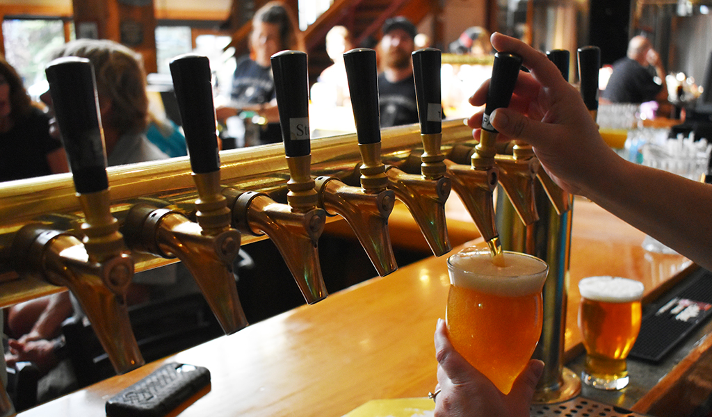 A bartender pours an IPA from the large Dillon Dam Brewery tap system which has up to 20 handcrafted Dam beers on tap.